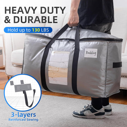 TAILI Extra Large Moving Bags, 12 Pack Silver Heavy Duty Totes For Storage with Visible Window, Wrap Around Handles, Storage Bags for Space Saving, Alternative to Moving Boxes