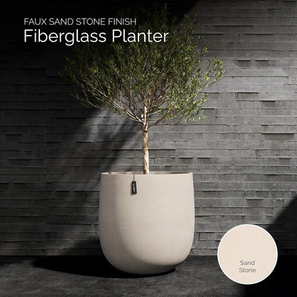 Mondo Large Planter – Sand Stone Finish – Fiberglass Indoor/Outdoor and Weather-Resistant Round Planter (33" D x 31.3" H Exterior, 31.5" D x 30.7" H Interior)