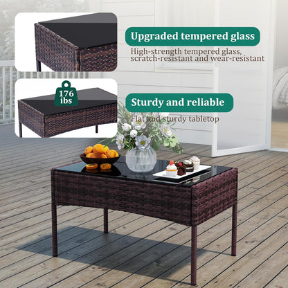 4 Piece Patio Furniture Set - Outdoor Conversation Sets with Coffee Table, Rattan Chair Set for Garden/Poolside, Brown/Beige