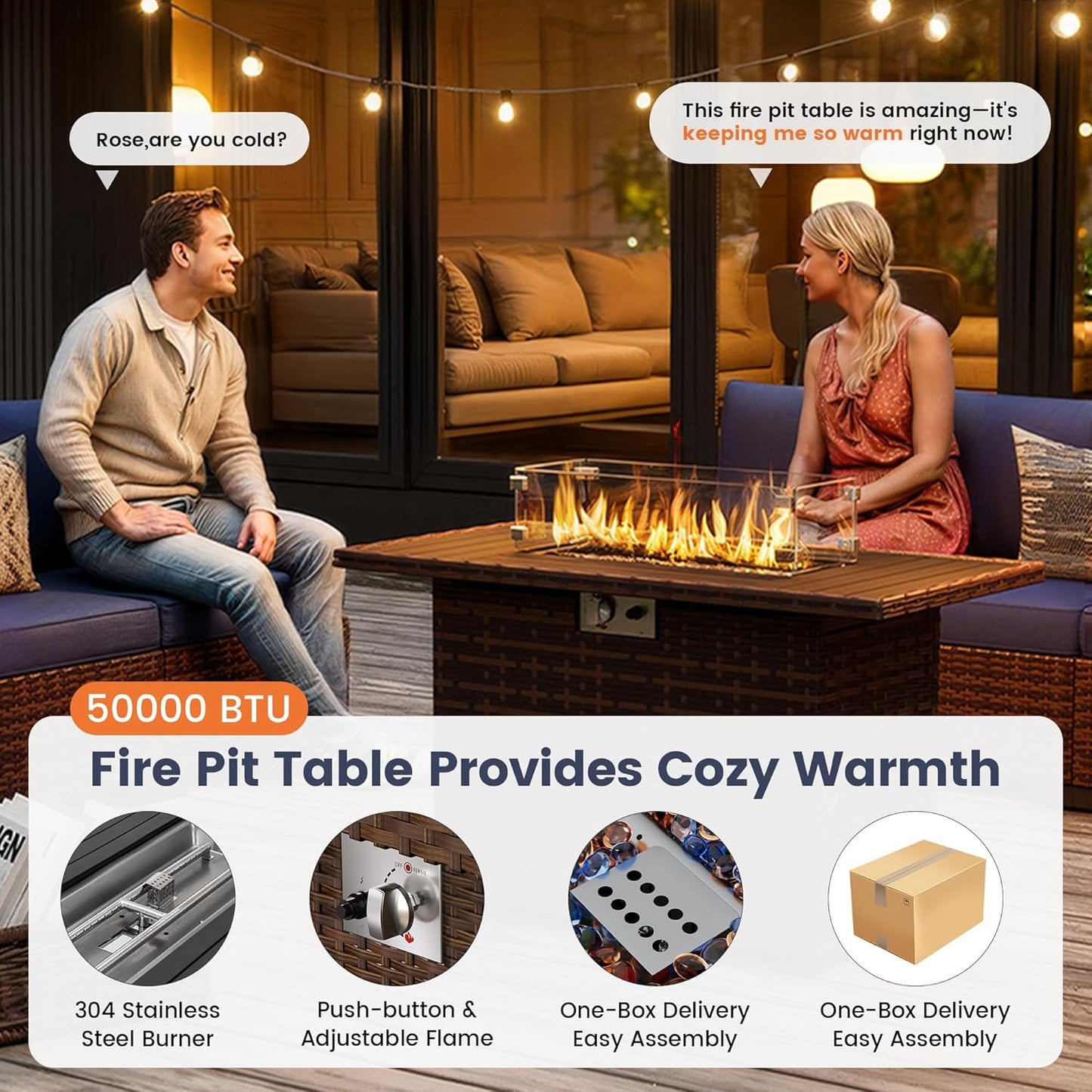 UDPATIO Patio Furniture Set with Fire Pit Table, 8 Inch Armrest Outdoor Sectional Sofa, Wicker Outdoor Furniture Conversation Sets with Waterproof Cover for Backyard Deck(Brown/Navy Blue)