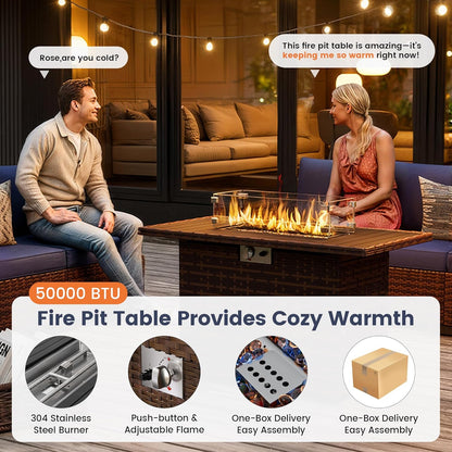 UDPATIO Patio Furniture Set with Fire Pit Table, 8 Inch Armrest Outdoor Sectional Sofa, 9 Piece Wicker Outdoor Furniture Conversation Sets with Waterproof Cover for Backyard Deck(Brown/Navy Blue)