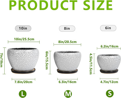 Ceramic Plant Pots Set of 3, 10+8+6 Inch Modern Round Flower Planters with Drainage Holes and Plant Saucers for Indoor Outdoor, Home Garden Room Porch Decor, Plant Lover Gifts, White-Black