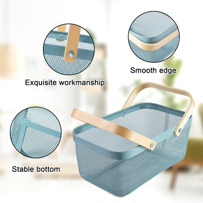 Portable Garden Harvest Basket-Mesh Design Natural Bamboo Handle Wire Storage Baskets,Mesh Basket with Handle Organize Items Reduce Space Occupation,Suitable for Kitchen,Garden,Picnic(Blue)