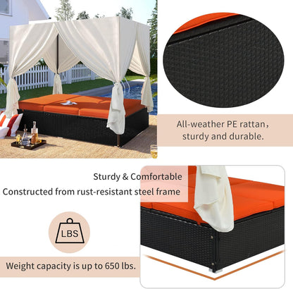 Patio Chaise Lounge, PE Rattan Outdoor Patio Wicker Sunbed Daybed with Adjustable Seats, Four-sided Canopy, Overhead Curtain and Orange Cushions for Backyard, Garden, Poolside (for 2-6 people)