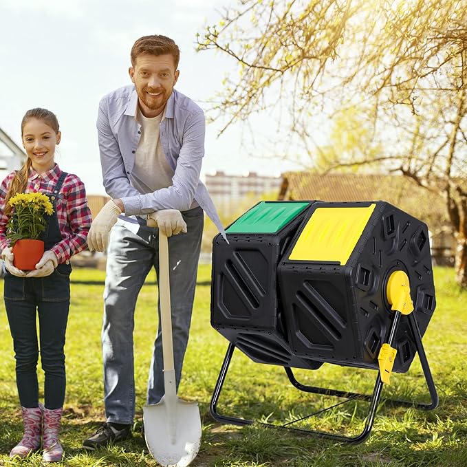 HomGarden Large Dual Chamber Compost Tumbler Heavy-Duty Outdoor Bin Composter with 2 Sliding Doors Easy-Turn, All-Season 37 Gallon High Volume Composter Black