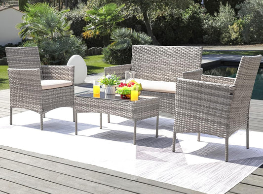 Greesum Patio Furniture 4 Pieces Conversation Sets Outdoor Wickerr Rattan Chairs Garden Backyard Balcony Porch Poolside loveseat with Soft Cushion and Glass Table, Gray and Beige