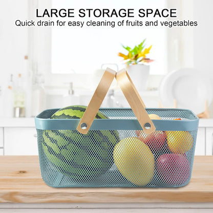 Portable Garden Harvest Basket-Mesh Design Natural Bamboo Handle Wire Storage Baskets,Mesh Basket with Handle Organize Items Reduce Space Occupation,Suitable for Kitchen,Garden,Picnic(Blue)