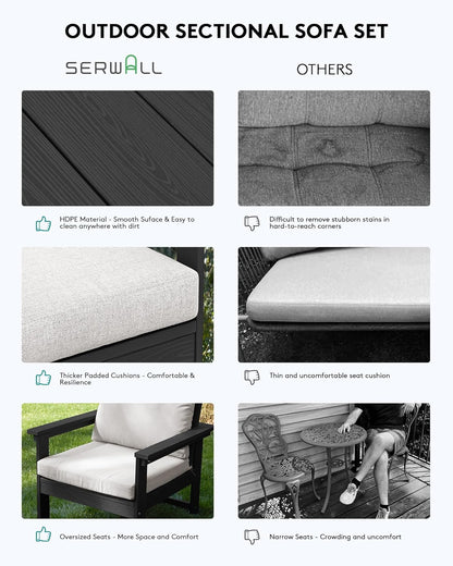 SERWALL HDPE Patio Furniture Set, 7-Piece Outdoor Sectional Sofa Set, All Weather Outdoor Couch Set for Deck, Lawn, Black Frame with Khaki Cushion