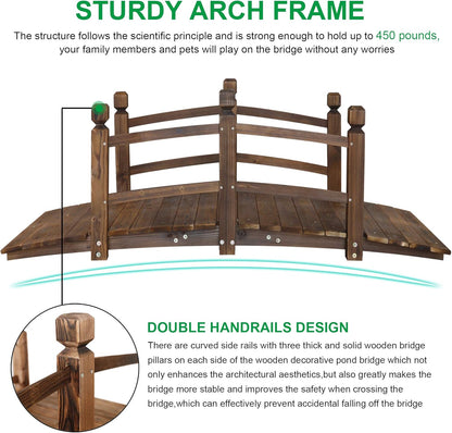 5FT Wooden Garden Bridge Arch Stained Finish Footbridge Decorative Backyard Bridge with Double Safety Railings Outdoor Lawn Pond Bridge Walkway for Garden Yard Patio Courtyard Farm Stream Creek