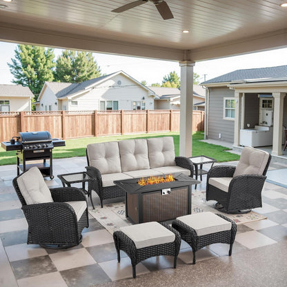 8 Piece Patio Furniture Set with 50000 BTU Propane Fire Pit Table, Outdoor Conversation Set with 2 Swivel Rocker Chairs Wicker Sofa and Ottomans for Casual Gatherings Black