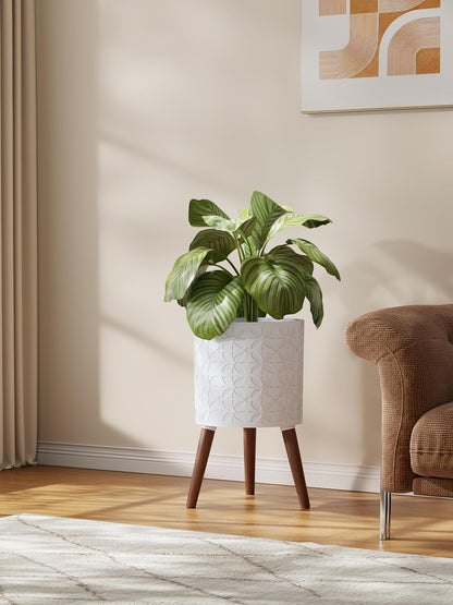 10 Inch Planter Pot with Stand, Planter for Indoor Plants, Modern Large Flower Planter Pot with Drainage Holes for Outdoor,Matte White