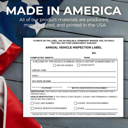 5 Pack Buck Annual Vehicle Inspection Label, 2-Ply Adhesive Vinyl with Mylar Laminate, FMCSA & DOT Compliant, Weatherproof, Tear Resistant, Easy to Write On, 5" x 4" - Made in USA