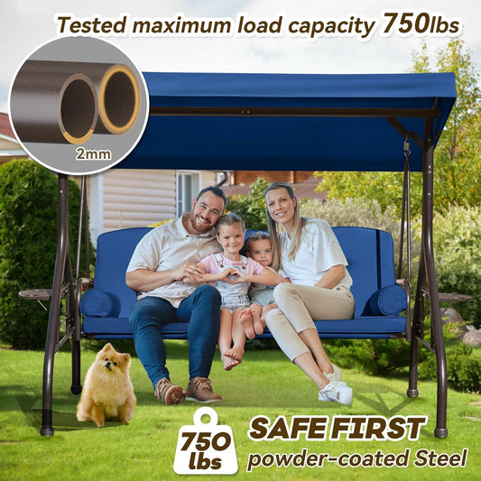 3 in 1 Outdoor Porch Swing with Adjustable Canopy, 3 Seat Outdoor Swing for Adults, Patio Swing Chair with Thickened Cushions,Pillows & Cup Holders for Backyard, Porch, Garden (Blue)
