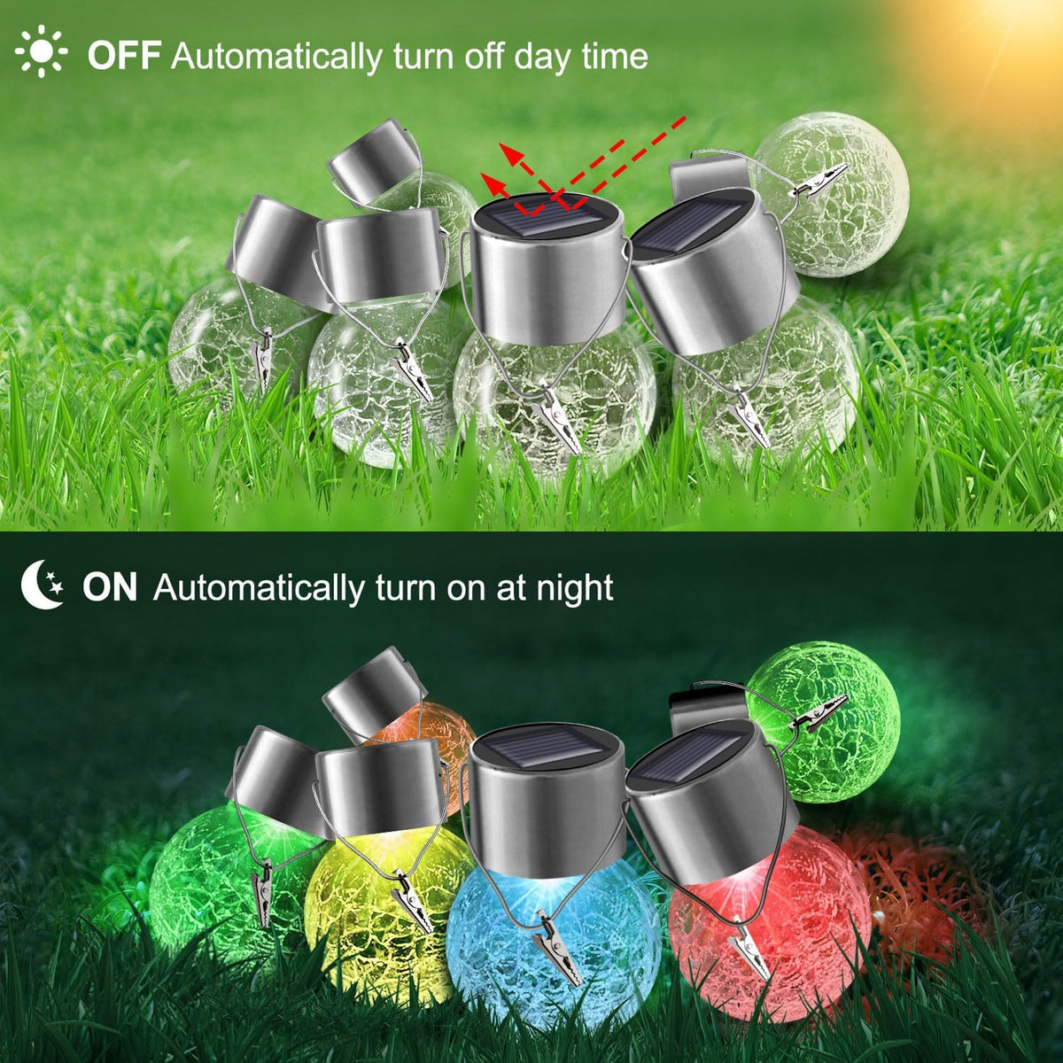 12 Pack Hanging Solar Lights Outdoor Decorative, Waterproof Solar Globe Lantern with Handle and Clip, Solar Powered Cracked Glass Ball Lights for Garden Yard Patio, Fence Tree Umbrella, Holiday Decor