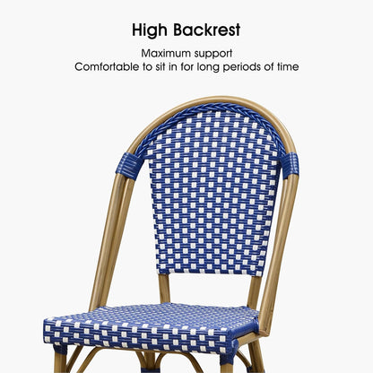 PURPLE LEAF French Bar Stool Set of 4 Bamboo Print Finish Patio Bar Stools with Back Rattan Bar Chairs Wicker Bar Height Stool 30" with Footrest Kitchen Island Stools Outdoor Barstool Royal Blue