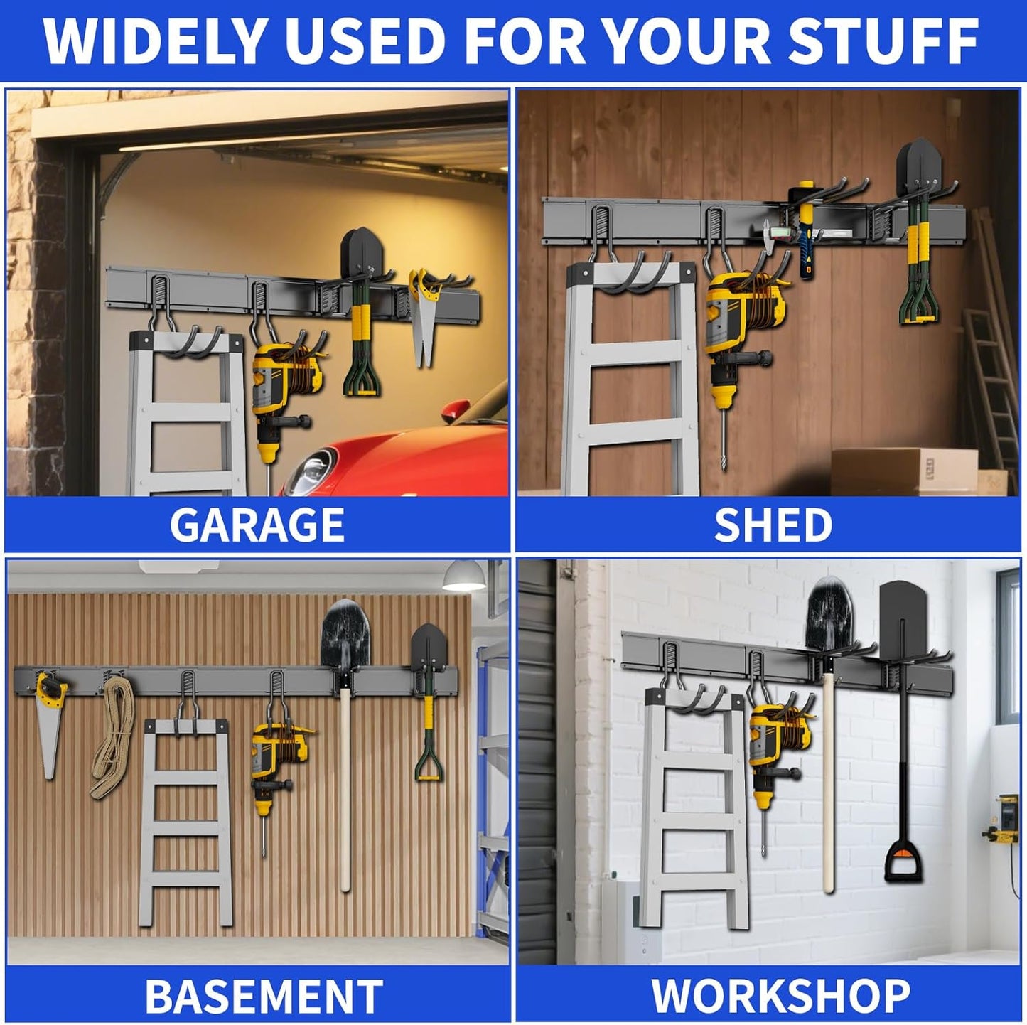 Garage Organization Tool Organizer Wall Mount, 64inch Heavy Duty Garden Tool Organizer Storage System, Easy Install with 10 Adjustable Hooks, for Garage, Basement, Shed, Workshop(Black)