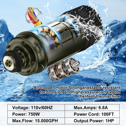 Pond Fountain Aerator 750W -Pond Fountain -1HP 15000 GPH Floating Aerator Pump-100ft Power Cord -For Ponds and Lakes 2025 Latest model