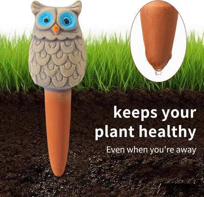 4 Pack Handmade Terracotta Owl Watering Spikes and Globes, Self-Watering Plant Devices with Slow Release System for Continuous Moisture, Perfect Water Bulbs for Indoor and Outdoor Plants Vacation Use