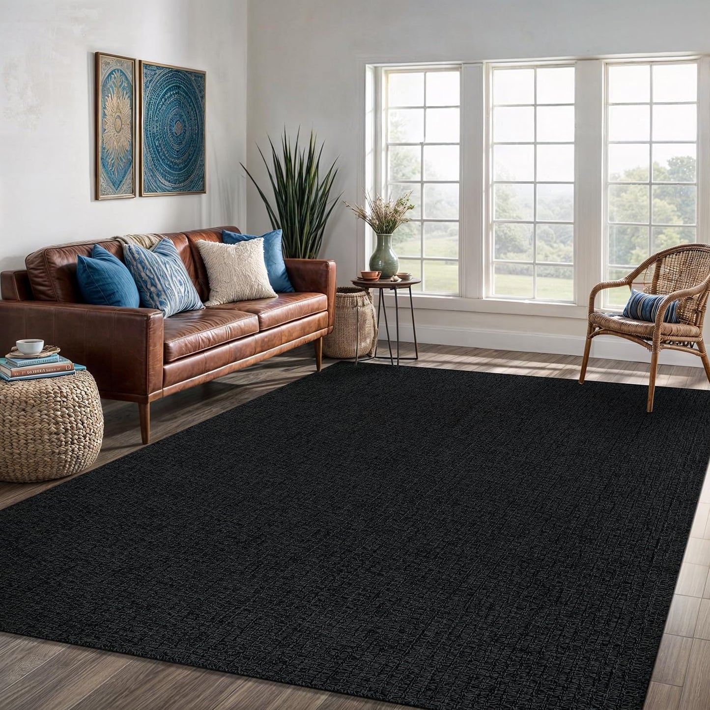 Easy Jute Rug 4x6 Indoor Outdoor Natural Rugs Solid Fiber Rug Woven Area Rug Boho Easy Clean Inside Carpet for Living Room Bedroom Dining Room Hallway or Outdoor Patio Porch (4 X 6 Dark Grey)