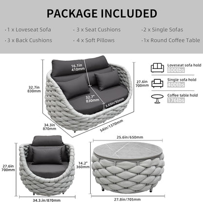 TWT Patio Furniture Set 4 Pieces Aluminum Outdoor Furniture w/27.8in Coffee Table,Patio Conversation Set with Hand Woven Polyester Rope for Backyard Garden Poolside,Gray