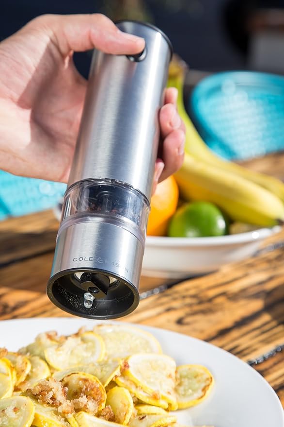 Cole & Mason Battersea Electronic Salt & Pepper Mill - One-Button Salt & Pepper Grinder - Refillable & Adjustable Salt & Pepper Shakers - Kitchen Accessories - Stainless Steel - 1 Pack