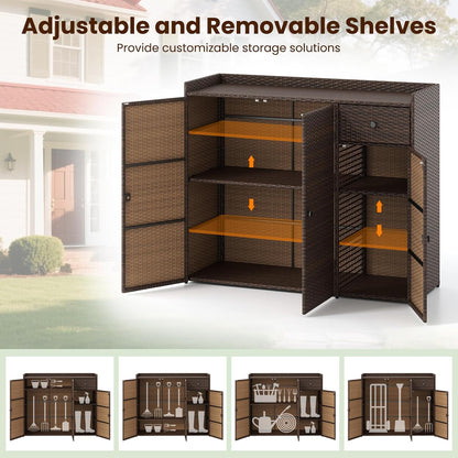 Tangkula Rattan Outdoor Storage Cabinet, Patiojoy Outdoor Cabinet with 4 Adjustable Shelves, 1 Drawer, 3 Doors, Patio Storage Deck Box Table for Patio Garden Poolside (Mix Brown)