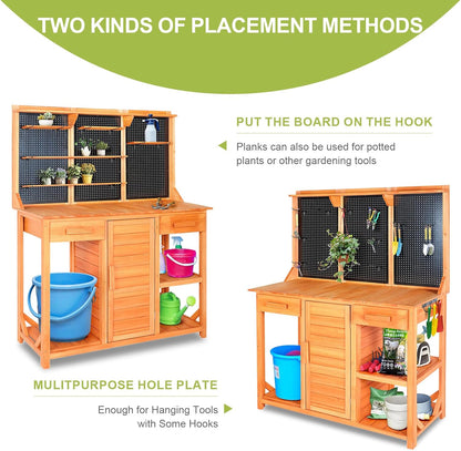 Outdoor Garden Potting Bench, Horticultural Wooden Workstation Table with Storage Drawer, Cabinet, Metal Pegboard, Adjustable Hooks and Shelves for Backyard, Patio, Greenhouse