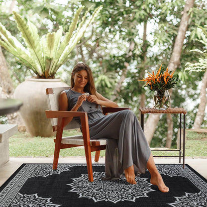 CAMILSON Outdoor Rug, 8x10 Medallion Black White Modern Area Rugs for Indoor and Outdoor Patios, Kitchen and Hallway Mats, Washable Porch Deck Outside Carpet (Medallion Black, 8 x 10)