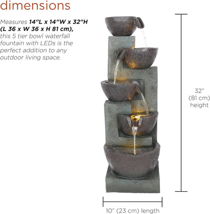 Alpine Corporation TZL390 Elegant Outdoor 5 Tier Bowls Waterfall Fountain with LED Lights for Garden, Patio, Yard, and Outdoor Spaces, Relaxing Cascading Fountain, 39" H, Gray