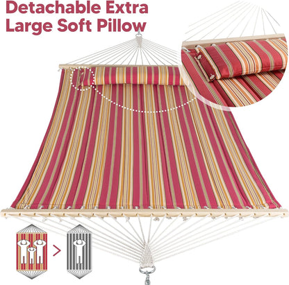 SUNCREAT Double Hammock Quilted Fabric Swing with Spreader Bar, Detachable Pillow, 55” x79” Large Hammock, Red Stripes