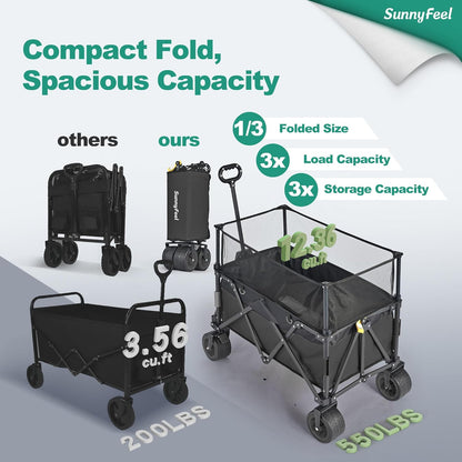 SUNNYFEEL Heavy Duty Collapsible Outdoor Utility Wagon Cart 500LB Capacity Adjustable Handlebar,Foldable Beach Wheels Stable Durable Oxford Fabric for Shopping Garden Camping (Black, Tall Version)