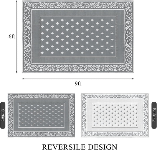 Pauwer Waterproof Outdoor Rug 6x9, Reversible Plastic Straw Patio Camping Rug, Indoor Outdoor RV Mat Carpet for Deck, Camper, Porch, Balcony, Backyard, Picnic, Bordered Grey