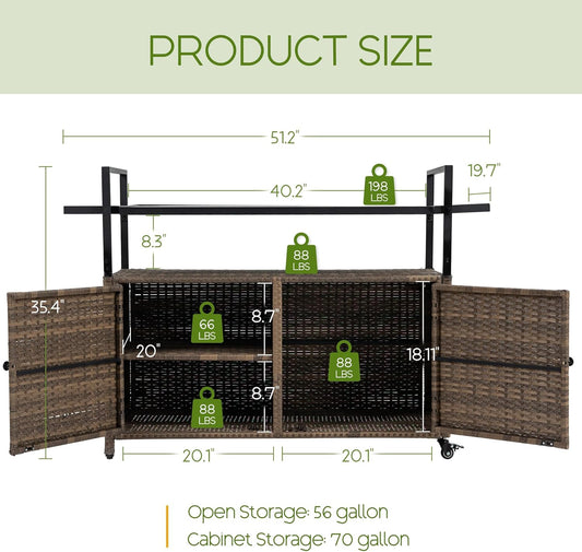 Wicker Outdoor Bar Cart - Brown Patio Console Storage Table Buffet Cabinet Serving Kitchen Cart with Wheels for Outside Backyard