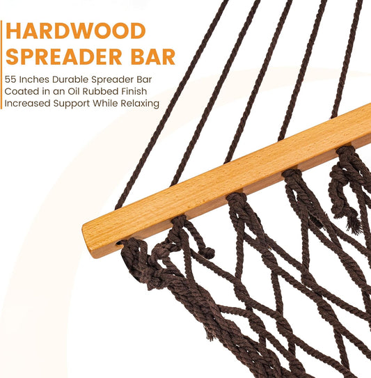 Lazy Daze Hammocks Double Rope Hammock, 2 Person Traditional Outdoor Hand Woven Cotton Rope Hammock with Spreader Bar, Chains, Tree Straps for Patio Yard - Max 450 Lbs, Dark Brown