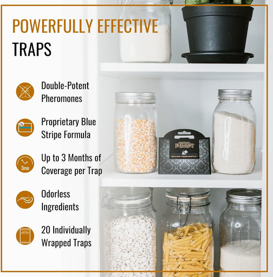 Dr. Killigan's Premium Double Potent Pantry Moth Traps with Pheromones Prime, Sticky Indian Meal Moth Traps for Kitchen, How to Get Rid of Moths in House (20 Pack, Black)