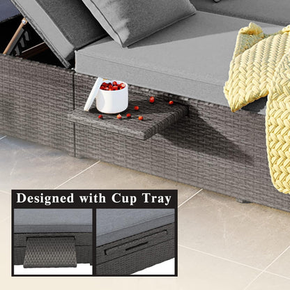 kevinplus Outdoor Daybed Patio Sunbed, Wicker Rattan Patio Reclining Chairs with Adjustable Backrest and Seat & Foldable Cupholder for Garden Poolside Balcony, Gray