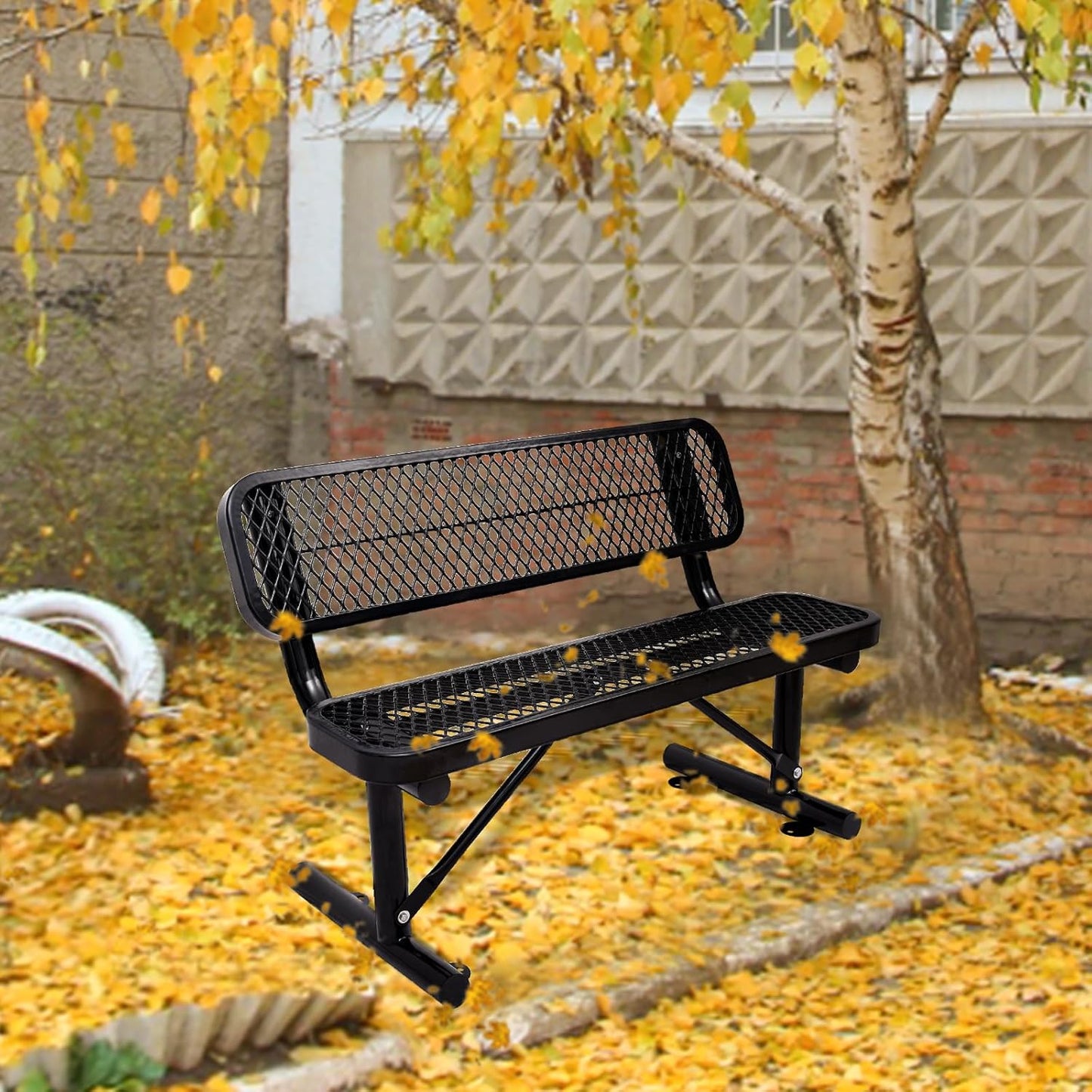 Drexo 4FT Heavy Duty Park Bench with Back Portable Frame, Outdoor Metal Park Bench with Backrest, Steel Mesh Outdoor Bench for Garden, Lawn, Patio, Porch, Park, Yard, Black