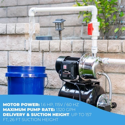 XtremepowerUS 1.6HP Shallow Well Pump with Pressure Tank, 1320GPH, 115V, Pressure Switch, Automatic Water Booster Jet Pump for Home, Garden, Lawn