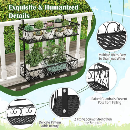 LDAILY 2-Tier Hanging Flower Rack, Hanging Flower Pot Holder w/Adjustable Hooks, Railing Basket Shelf Metal Potted Plant Container for Balcony, Porch & Fence, Easy Assembly, Black