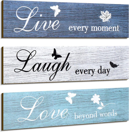 Jetec 3 Pieces Rustic Wood Sign Wall Decor Live Love Blessed Family and Love Quote Sign Farmhouse Wall Mount Decoration for Home Kitchen Living Room, 12 x 3 x 0.2 Inch(Blue Series,Classic)