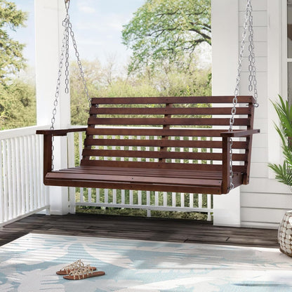 Wooden Porch Swing with Cup Holder, Outdoor Patio Swing Bench for Courtyard & Garden, Upgraded 4 FT Heavy Duty 880 LBS Porch Swing, Outdoor Swing with Hanging Chains, Brown