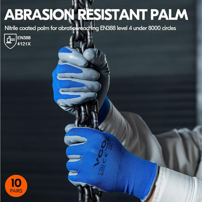 Vgo 10-Pairs Safety Work Gloves, Gardening Gloves, Non-slip Nitrile coating, Dipping Gloves (Size S, Blue, NT2110)