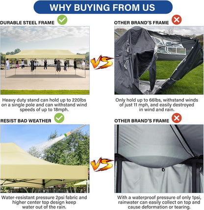 COBIZI 10x30 Pop up Canopy Heavy Duty Without Sidewalls, Easy Set-up Commercial Outdoor Party, 100% Waterproof Wedding Canopy Gazebo, 3 Height Adjustable with Wheeled Bag, Khaki