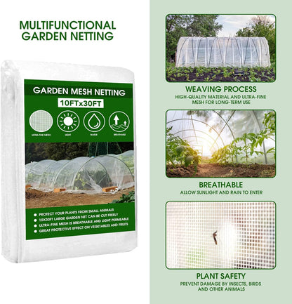 Garden Mesh Netting Kit - 10x30ft Ultra Fine Mesh with 6 Sets Hoops & 12 Clips, Bird Netting Protection for Fruit, Vegetable, Flowers & Animals, Greenhouse Cover