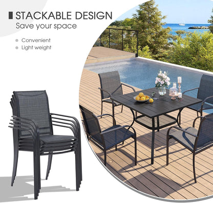 VICLLAX 5 Pieces Patio Dining Set, Outdoor Furniture Set Includes 37.8" Square Outdoor Table and 4 Stackable Patio Sling Chairs, Grey Tabletop and Grey Fabric