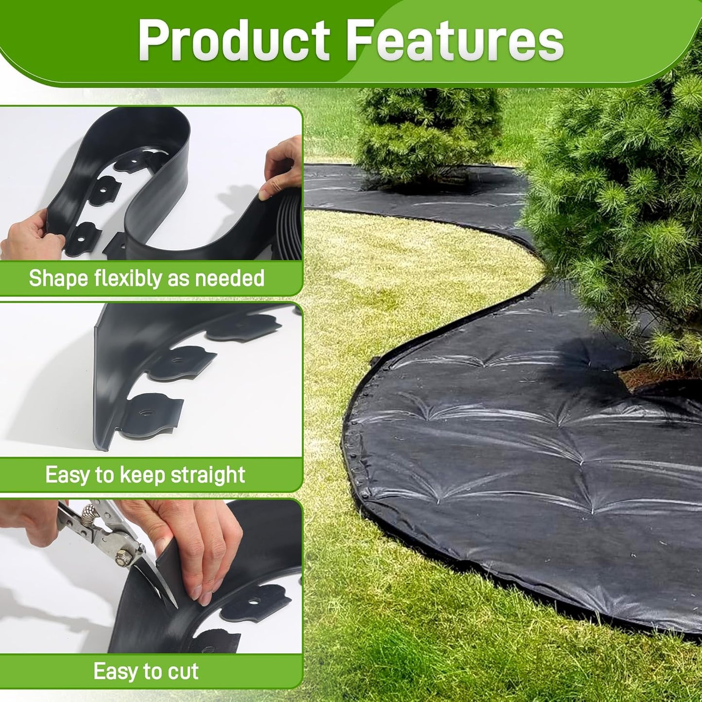 2 Inch x 50FT Landscape Edging Border with 45 Anchoring Spikes, No Dig Garden Border Edging Kit, Plastic Lawn Edging Border for Landscaping Garden Flower Beds Lawn Yard Paver Pathway, Black