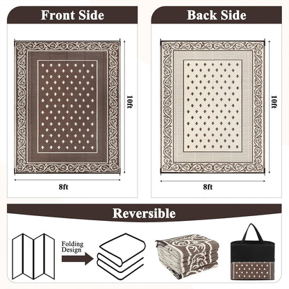 Pauwer Waterproof Outdoor Rug 8x10, Reversible Plastic Straw Patio Camping Rug, Indoor Outdoor RV Mat Carpet for Deck, Camper, Porch, Balcony, Backyard, Picnic, Bordered Brown