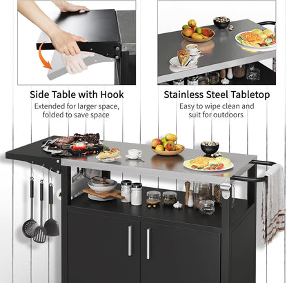 Shintenchi Outdoor Grill Cart Table with Stainless Steel Top for Kitchen Prep and BBQ, Outdoor Kitchen Island Table with Side Handle, Multifunctional Outdoor Grill Table, Black