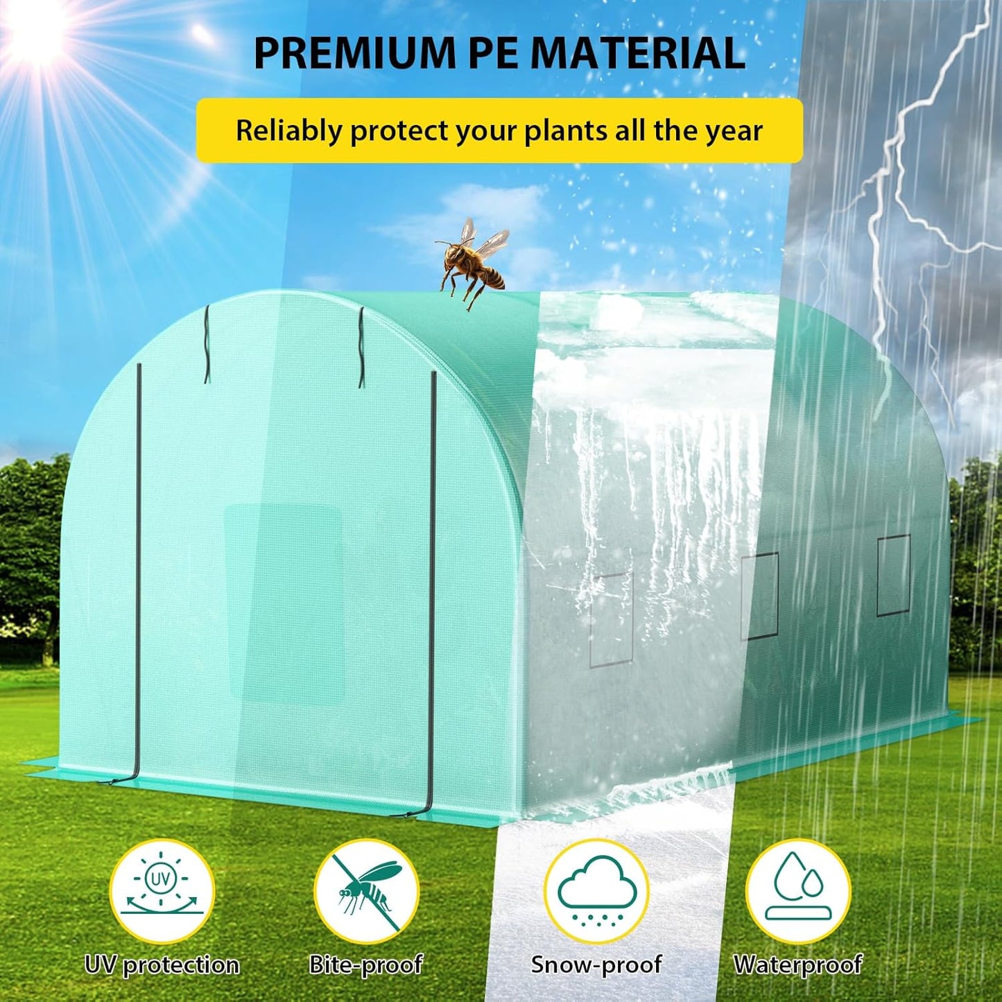 Compact Greenhouse Kit 8'x13'x7' with Galvanized Frame, 140G Green PE Cover, 2 Doors & 6 Windows for Outdoor Gardening