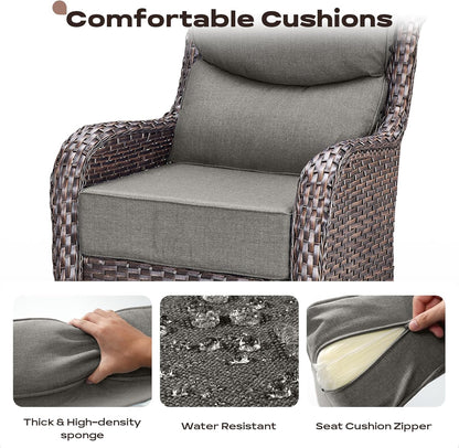 Wicker Outdoor Patio Furniture Set - 5 Piece Patio Conversation Sets with Swivel Rocker Chairs, Ottomans and Side Table, 6 inch Cushions, Waterproof Wicker, for Porch Deck Brown/Grey
